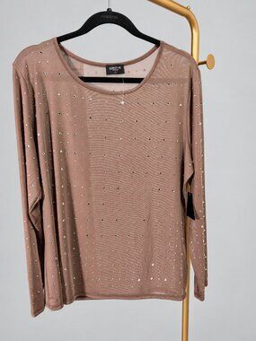 Gemstone Taupe Mesh Rhinestone Embellished Long Sleeve Top NWT Plus Size 2X
